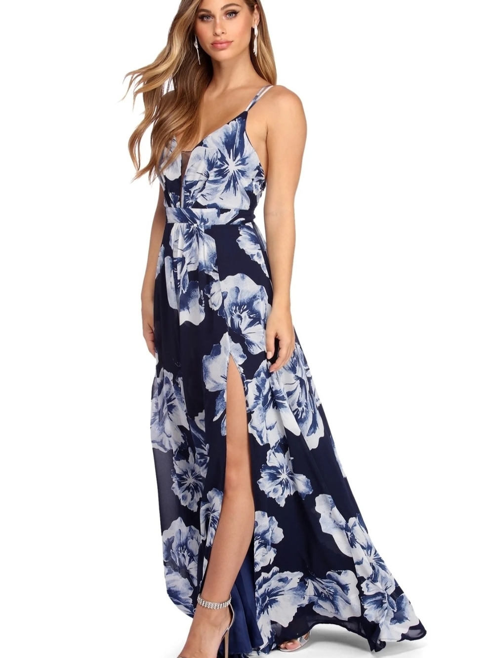 Windsor Navy and White Floral Maxi Dress with Side Slit